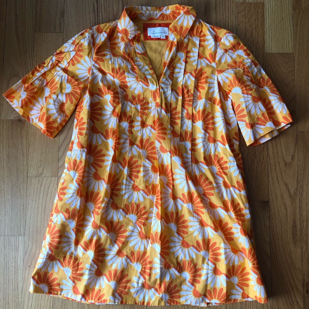 Anthropologie Maeve printed v neck tunic dress in orange daisy floral - Picture 2 of 6